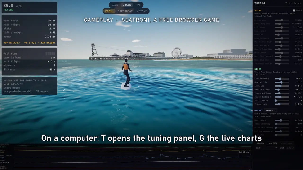 Seafront's tuning panel open beside an eFoil rider off Bournemouth Pier