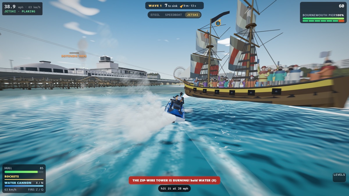 A jet ski racing past a pirate brig with striped sails, open gun ports and crew along the rail, with Bournemouth Pier and the big wheel on the shore behind
