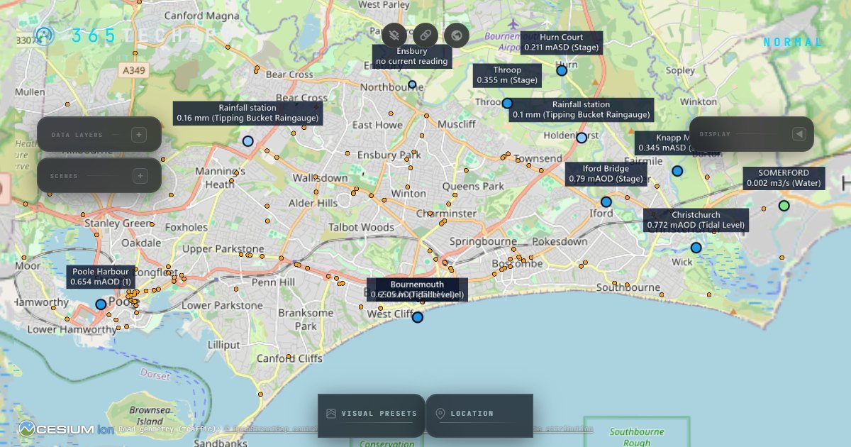 The Bournemouth365 live map on the flat map view, showing Bournemouth town centre and the seafront