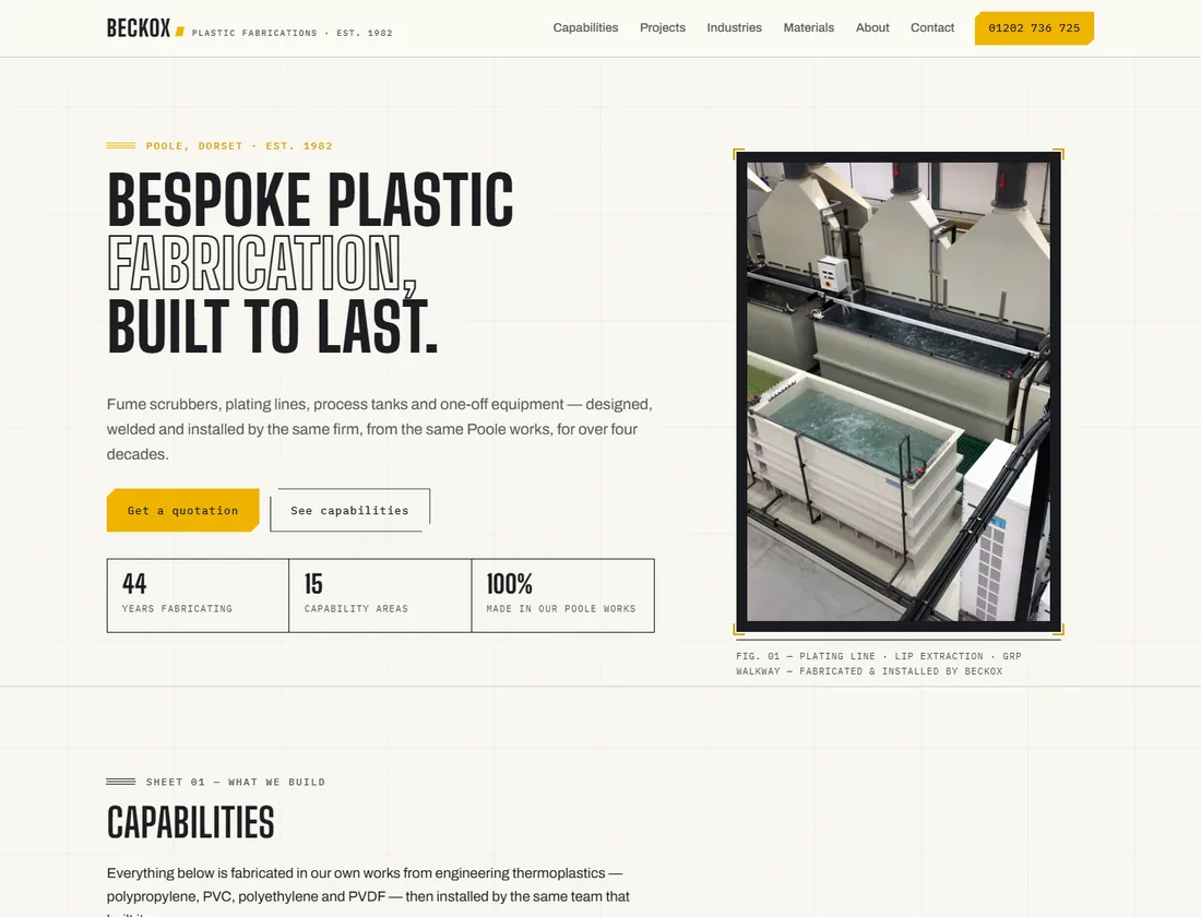 The rebuilt beckox.co.uk homepage: bold condensed headline reading Bespoke plastic fabrication built to last, a real plating-line photograph and a fact strip