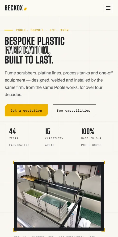 The rebuilt Beckox site on the same narrow screen: headline, fact strip and photograph in one view