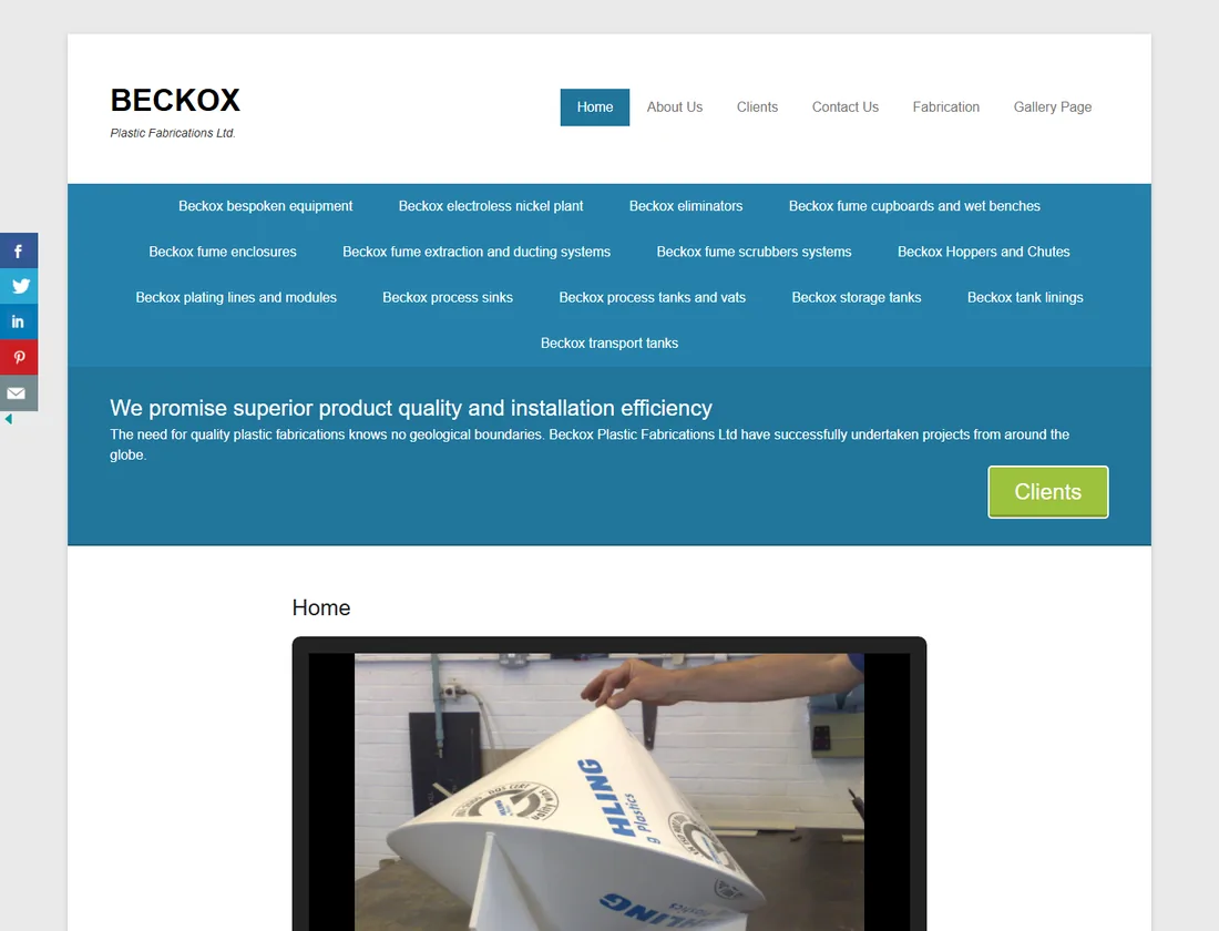 The old beckox.co.uk homepage: a dated blue WordPress theme with fourteen navigation links and an embedded video
