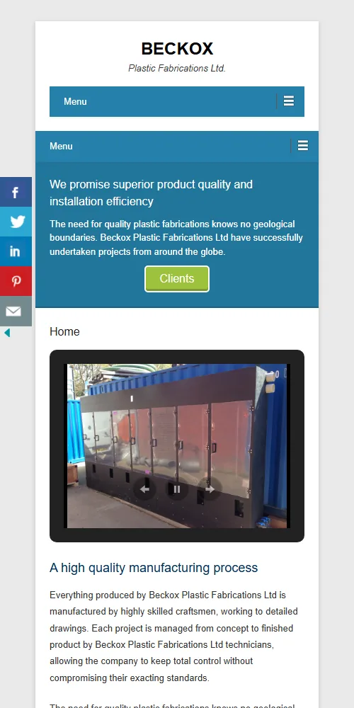 The old Beckox site on a narrow screen: stacked blue navigation fills the display before any content