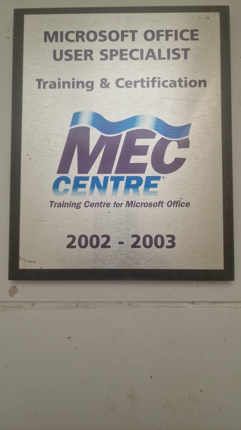 Microsoft Office User Specialist Training & Certification plaque &mdash; MEC Centre, 2002 to 2003