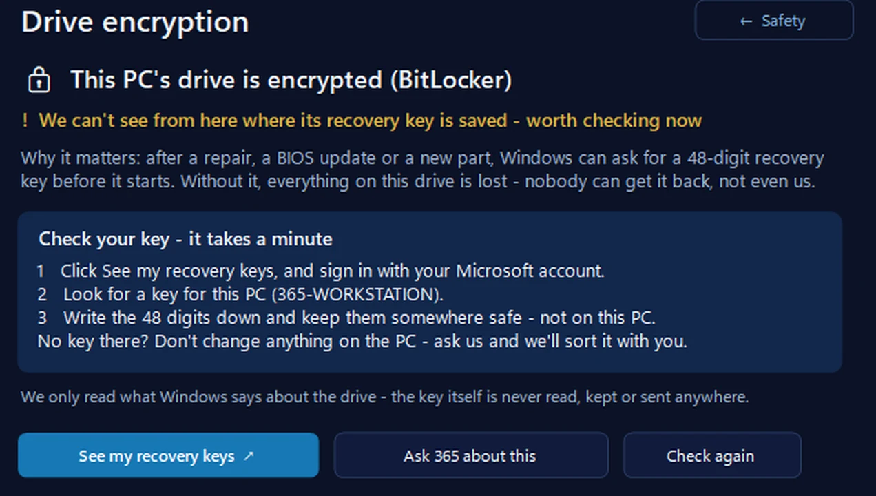 Drive encryption in 365 PC Manager saying this PC&rsquo;s drive is encrypted with BitLocker and it can&rsquo;t see where its recovery key is saved, with three steps to check the key and a See my recovery keys button