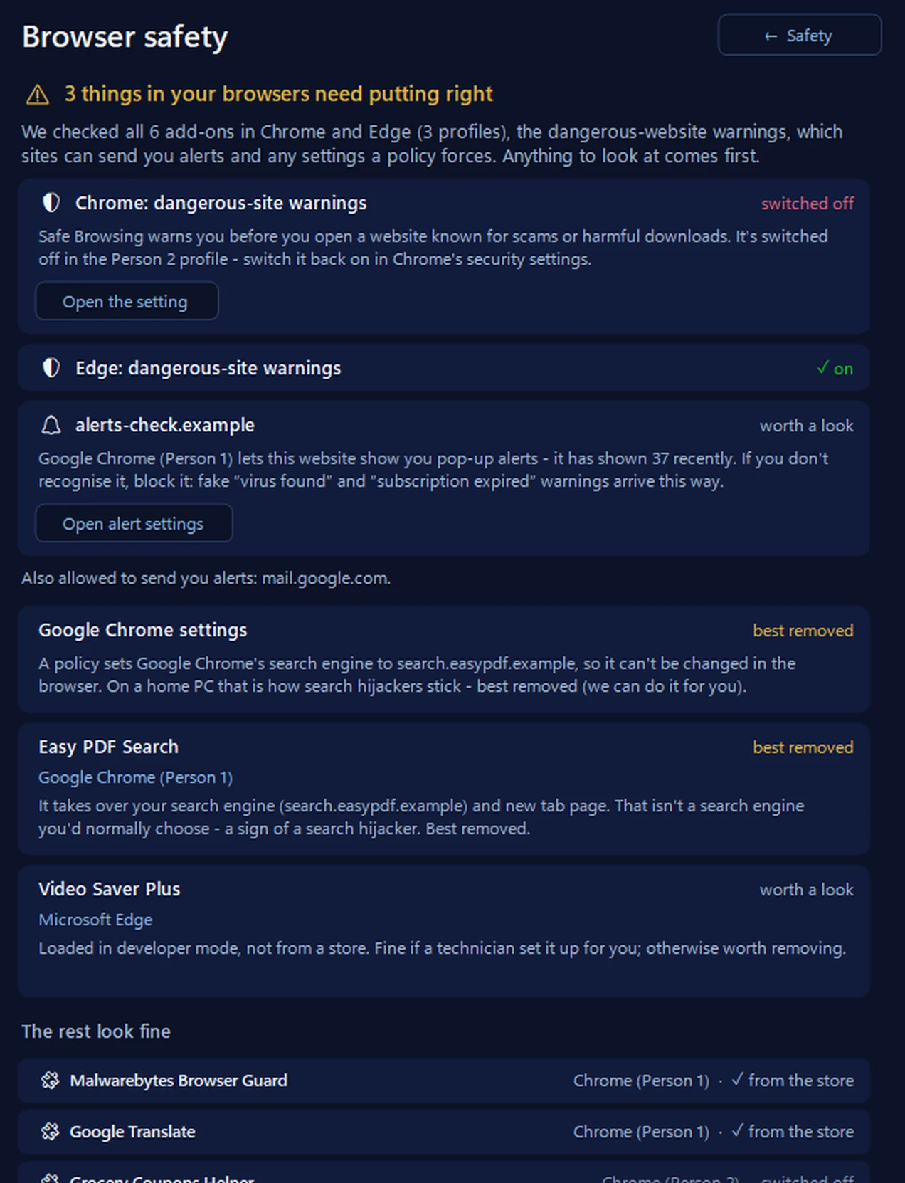 Browser safety in 365 PC Manager saying 3 things in your browsers need putting right: Chrome&rsquo;s dangerous-site warnings switched off, a site allowed to send pop-up alerts, and a policy that sets Google Chrome&rsquo;s search engine so it can&rsquo;t be changed in the browser, marked best removed
