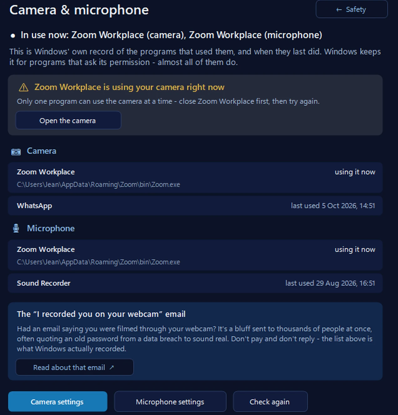 Camera and microphone in 365 PC Manager: Zoom Workplace is using the camera and microphone right now, WhatsApp and Sound Recorder with the dates they last used them, and a note on the I recorded you on your webcam email