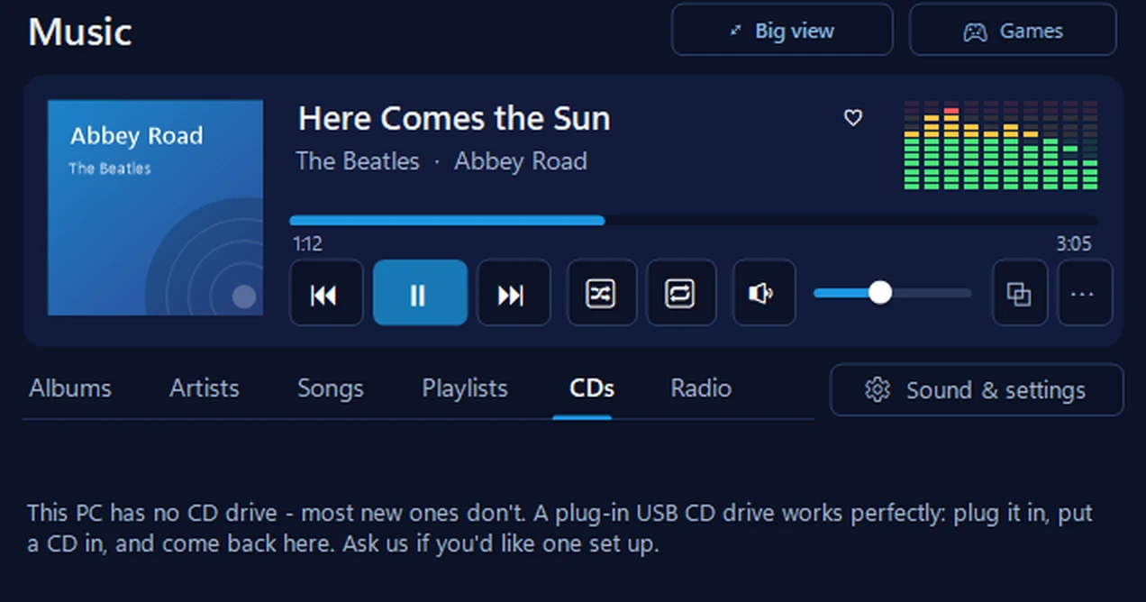 The CDs tab in 365 PC Manager on a PC with no CD drive: it explains that a plug-in USB CD drive works, under the music player (a sample library)