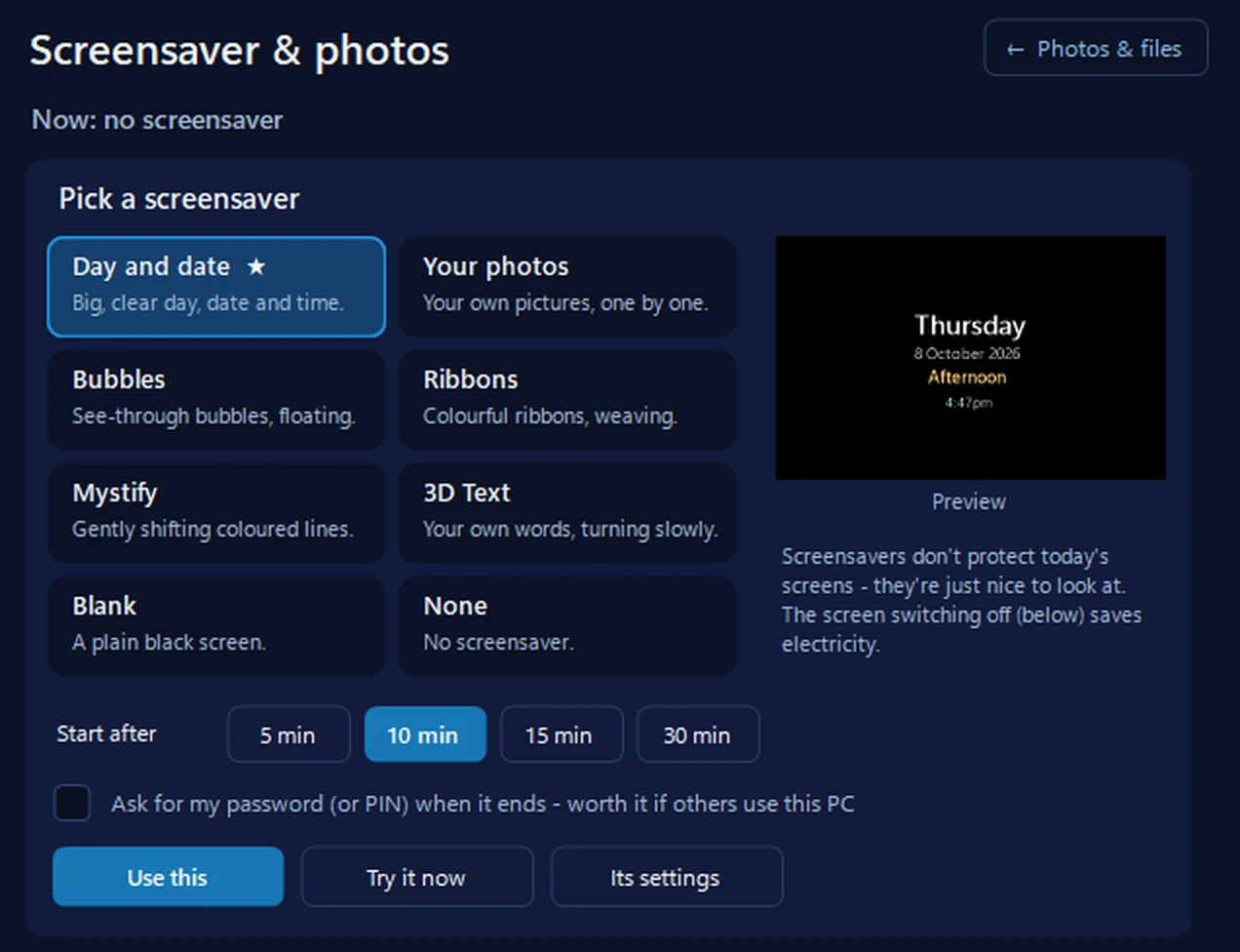 Screensaver and photos in 365 PC Manager: the Day and date screensaver picked, its preview showing Thursday, 8 October 2026, Afternoon, 4:47pm, with Start after 5, 10, 15 or 30 minutes and Use this, Try it now and Its settings buttons