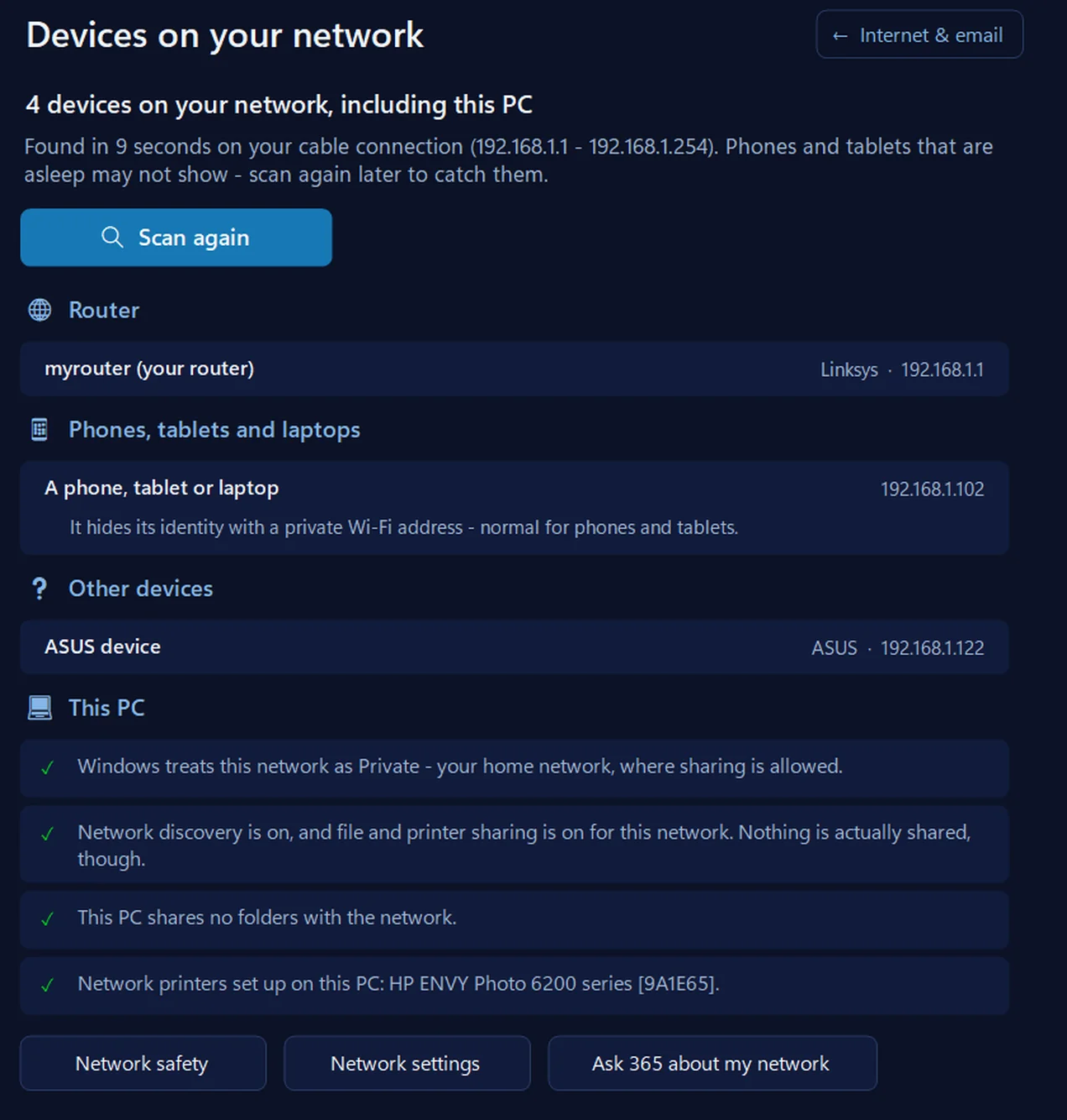 Devices on your network in 365 PC Manager: 4 devices found in 9 seconds on a cable connection - the router (Linksys, 192.168.1.1), a phone hiding its identity with a private Wi-Fi address and an ASUS device - and the network printer this PC has set up, an HP ENVY Photo 6200