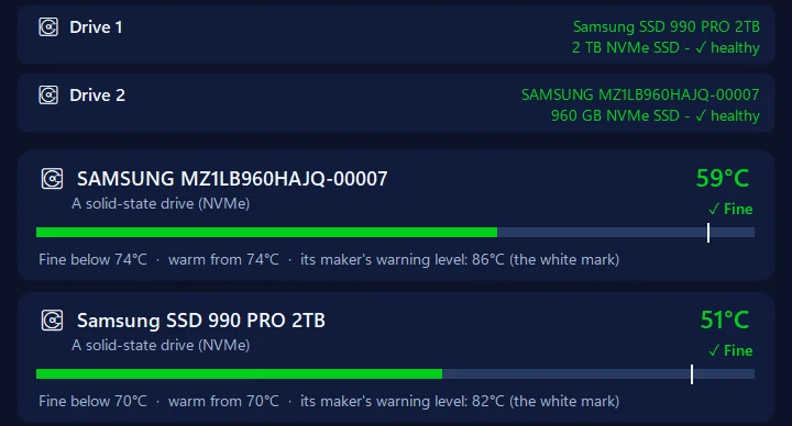 This PC and Temperatures in 365 PC Manager on our office PC: two Samsung NVMe SSDs, both healthy, at 59°C and 51°C, each against its maker’s own warning level of 86°C and 82°C