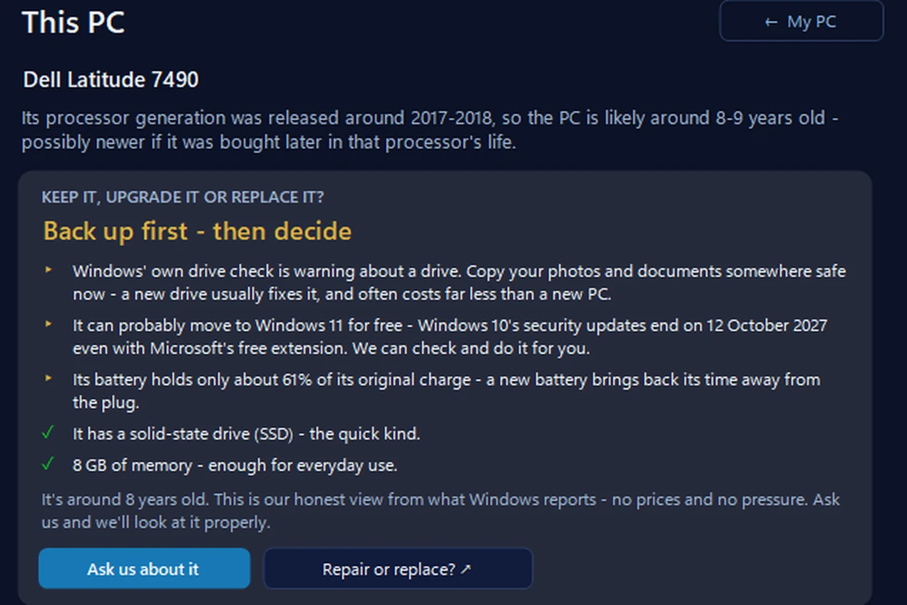 This PC in 365 PC Manager on a sample Dell Latitude 7490, about 8 years old: keep it, upgrade it or replace it? Back up first, then decide - the drive check is warning, it can probably move to Windows 11 for free, the battery holds about 61% of its charge, it has an SSD and 8 GB of memory