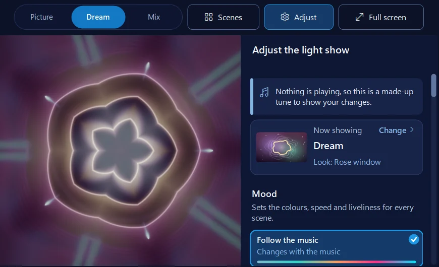The light show in 365 PC Manager&rsquo;s music window: the Dream scene, a glowing rose-window shape in pink and gold, beside the Adjust the light show panel showing Dream and the mood Follow the music, under the Picture, Dream, Mix, Scenes, Adjust and Full screen buttons