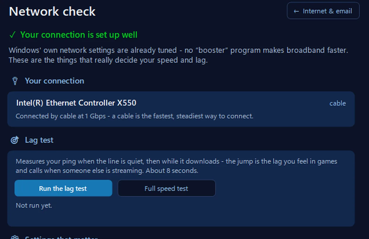 Network check in 365 PC Manager saying your connection is set up well: the connection, a lag test with Run the lag test and Full speed test buttons, and settings that matter such as no VPN running and which DNS looks up web addresses
