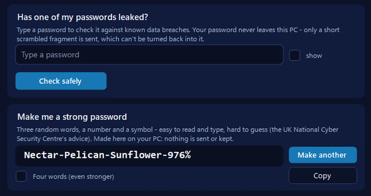 Scam check in 365 PC Manager: Has one of my passwords leaked? with a Check safely button, and Make me a strong password showing Nectar-Pelican-Sunflower-976% with Make another and Copy buttons