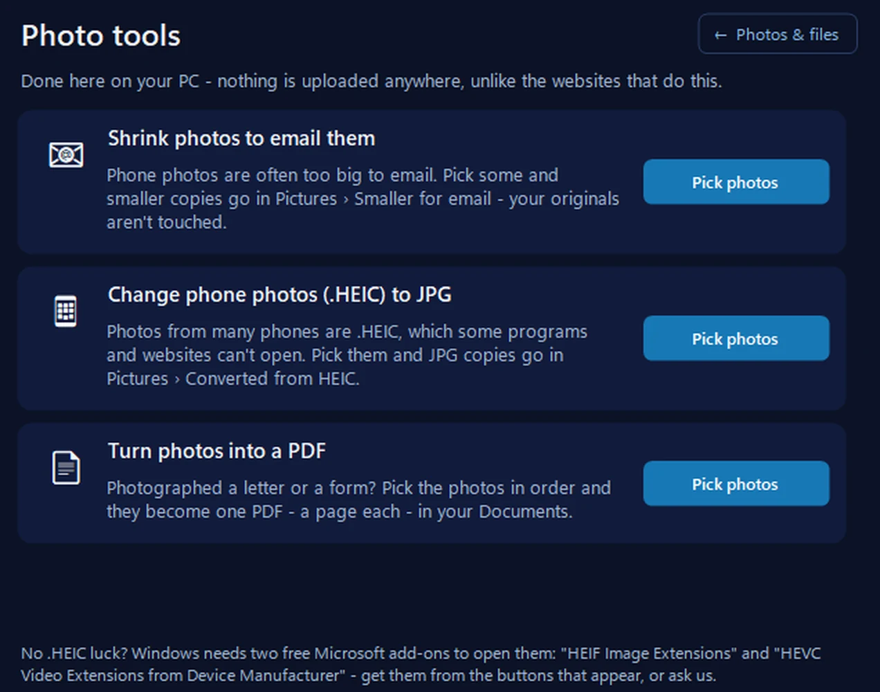 Photo tools in 365 PC Manager: Shrink photos to email them, Change phone photos (.HEIC) to JPG and Turn photos into a PDF, each with a Pick photos button, and a note that Windows needs two Microsoft add-ons to open .HEIC photos