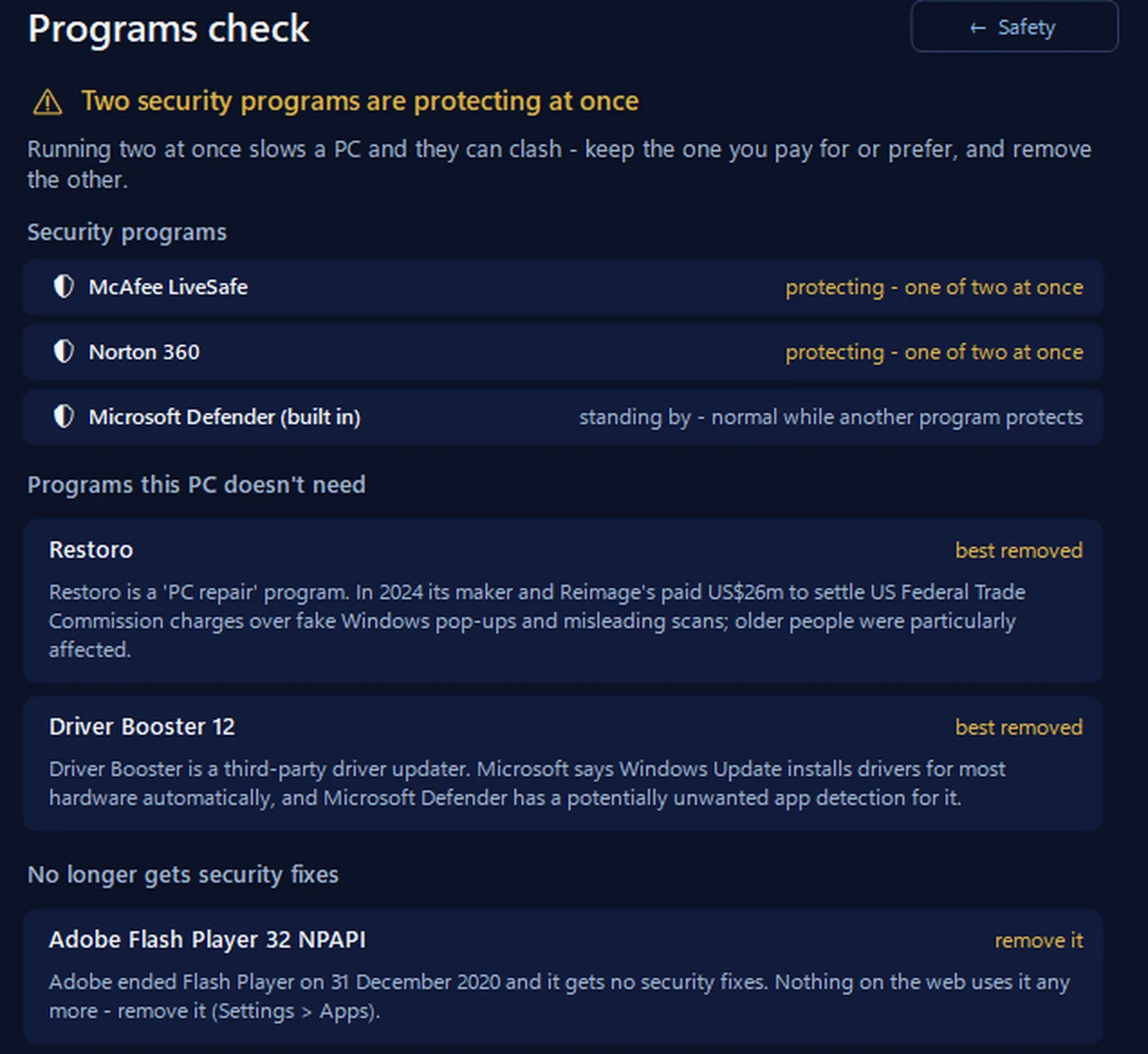 Programs check in 365 PC Manager saying two security programs are protecting at once, McAfee LiveSafe and Norton 360, with Microsoft Defender standing by, then programs this PC doesn’t need and one that no longer gets security fixes
