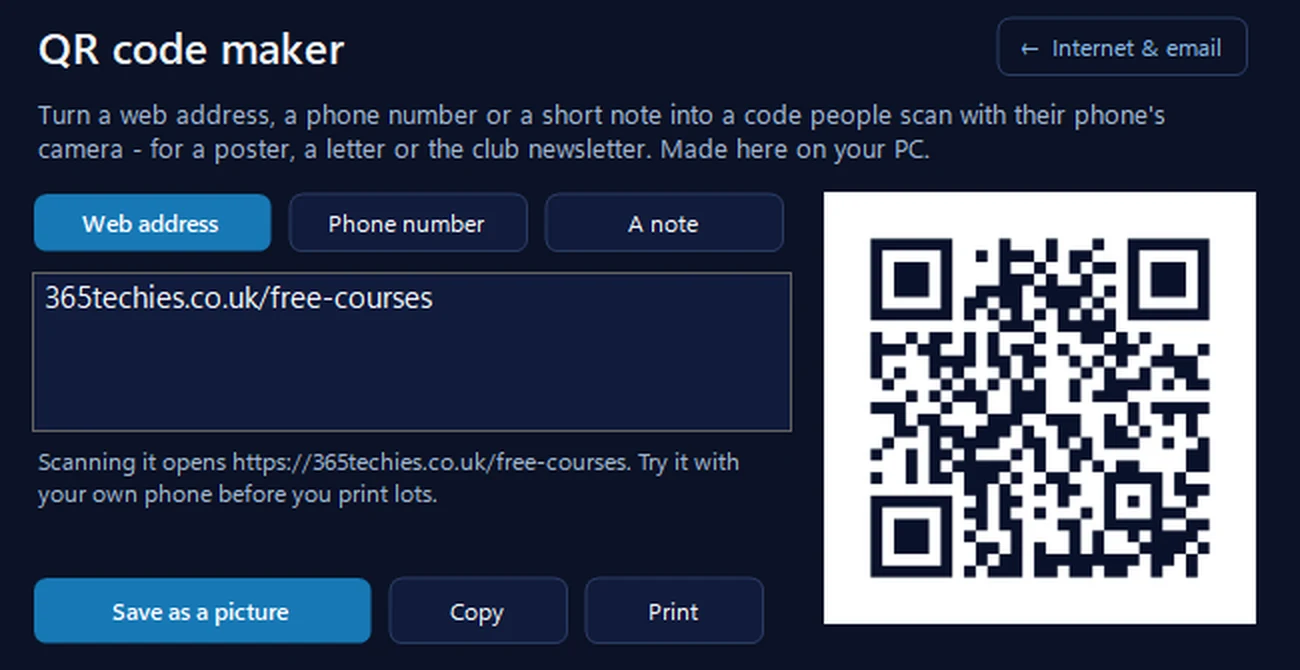 The QR code maker in 365 PC Manager: a web address, phone number or note turned into a QR code, with Save as a picture, Copy and Print buttons