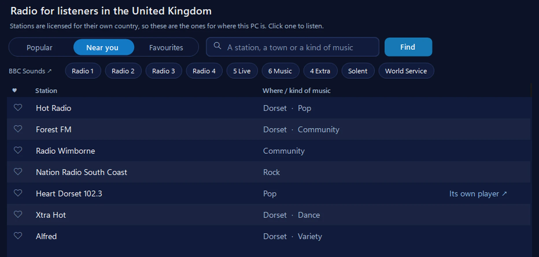 Radio in 365 PC Manager: radio for listeners in the United Kingdom, with the Near you list of Dorset stations - Hot Radio, Forest FM, Radio Wimborne, Nation Radio South Coast, Heart Dorset - and buttons for the BBC stations