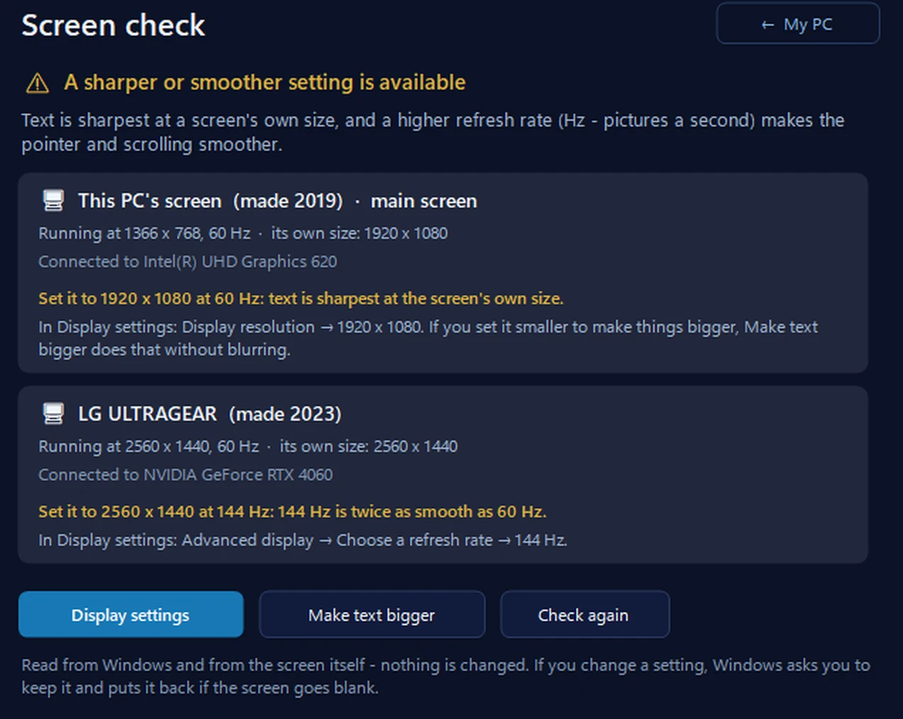 Screen check in 365 PC Manager saying a sharper or smoother setting is available: a 2560 x 1440 monitor running at 60 Hz that can do 144 Hz