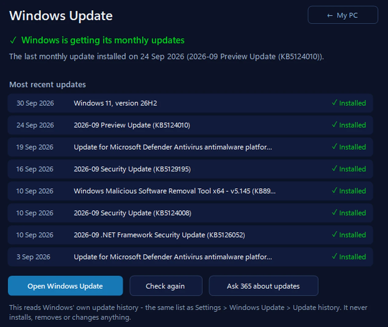 Windows Update in 365 PC Manager: Windows is getting its monthly updates, the last monthly update installed on 24 Sep 2026, and the most recent updates, starting with Windows 11, version 26H2, each marked Installed