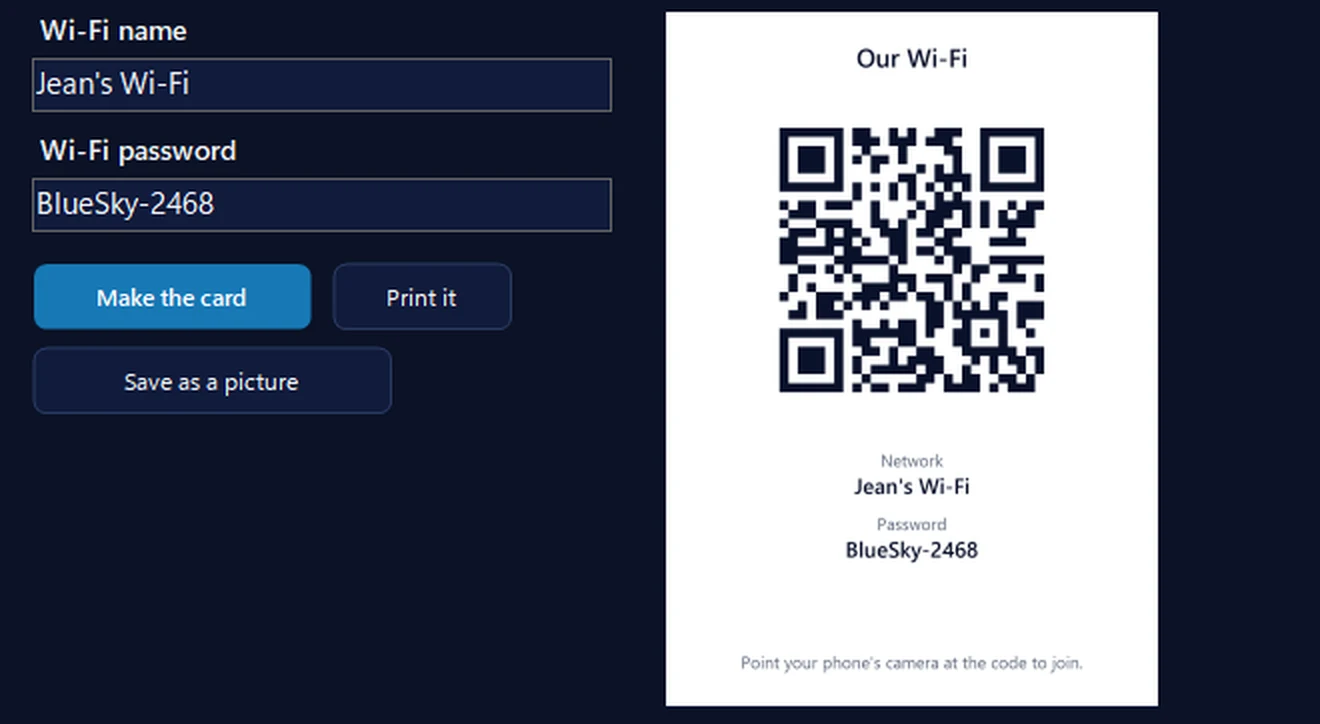 The Guest Wi-Fi card in 365 PC Manager: the Wi-Fi name and password typed in, and a printable card with the QR code, the network name and the password