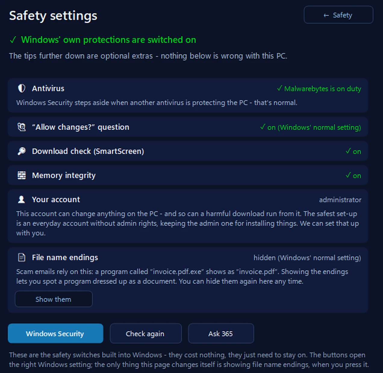 Safety settings in 365 PC Manager saying Windows’ own protections are switched on: Malwarebytes is the antivirus on duty, the allow changes question, SmartScreen and memory integrity are on, with notes on the account and file name endings