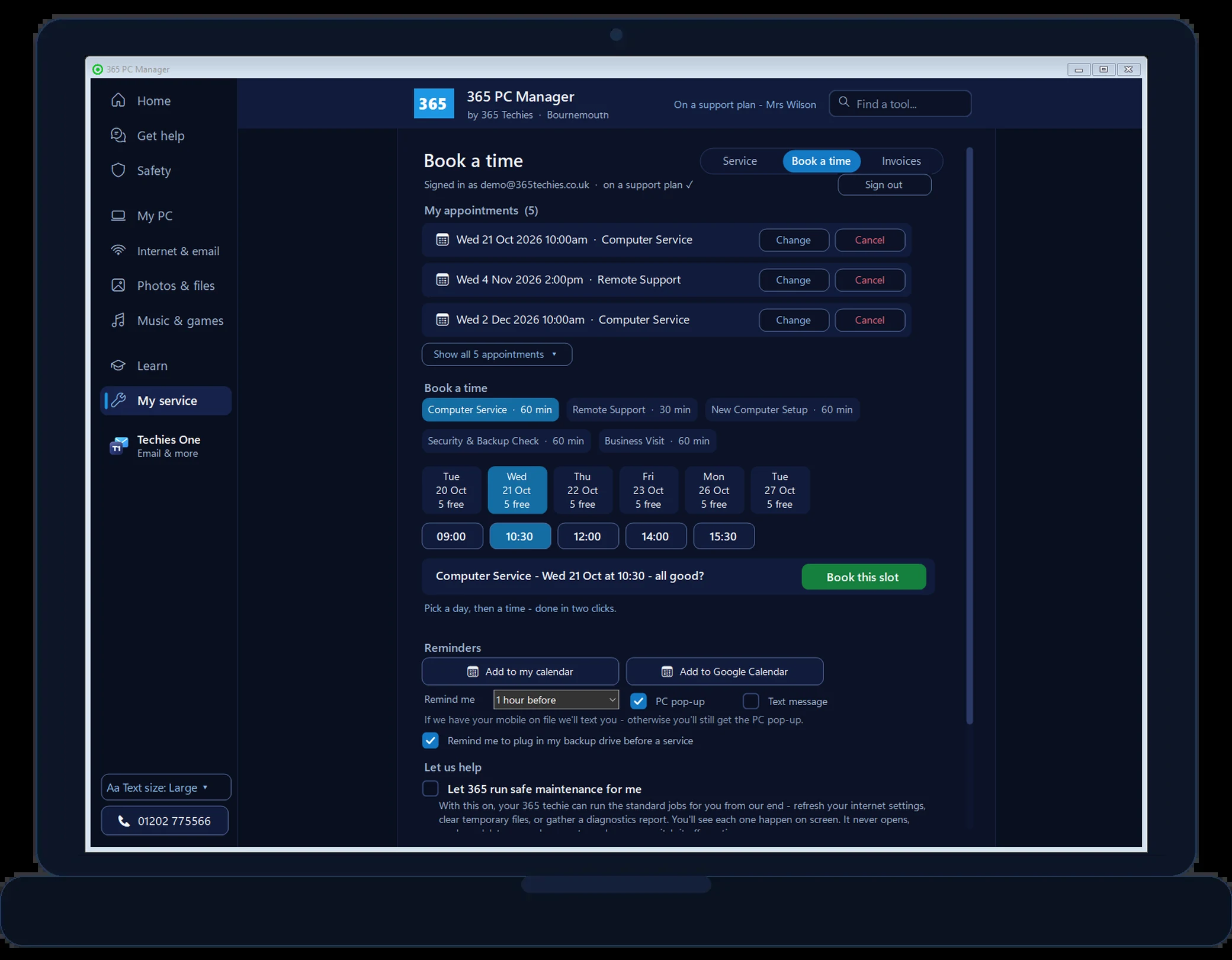 365 PC Manager booking on a support plan - your appointments with change and cancel, then book a time by day, with reminders (demo account)