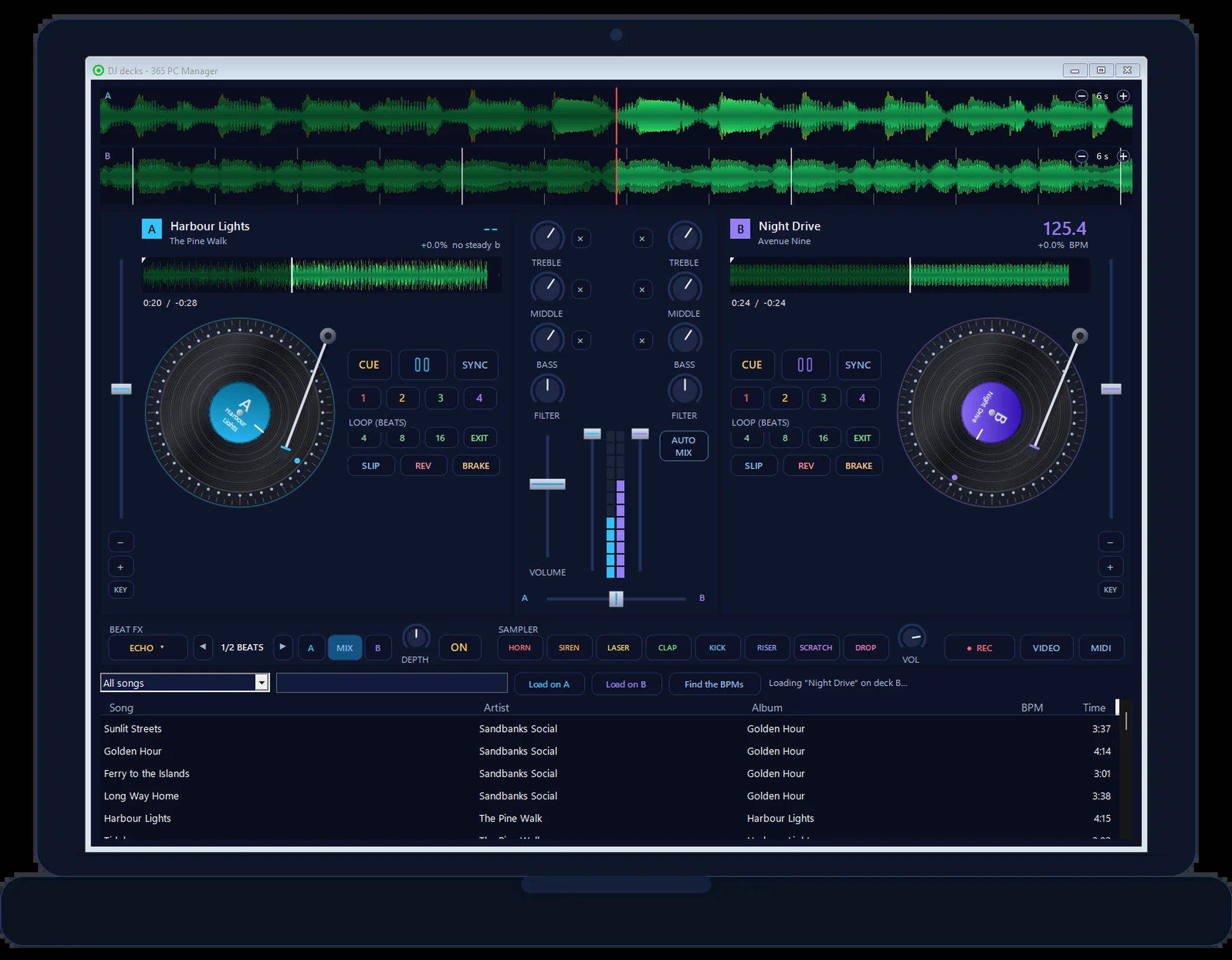365 PC Manager DJ decks - two decks with waveforms and turntables, cue, sync, loops, a mixer, beat effects and a sampler (a made-up sample library)