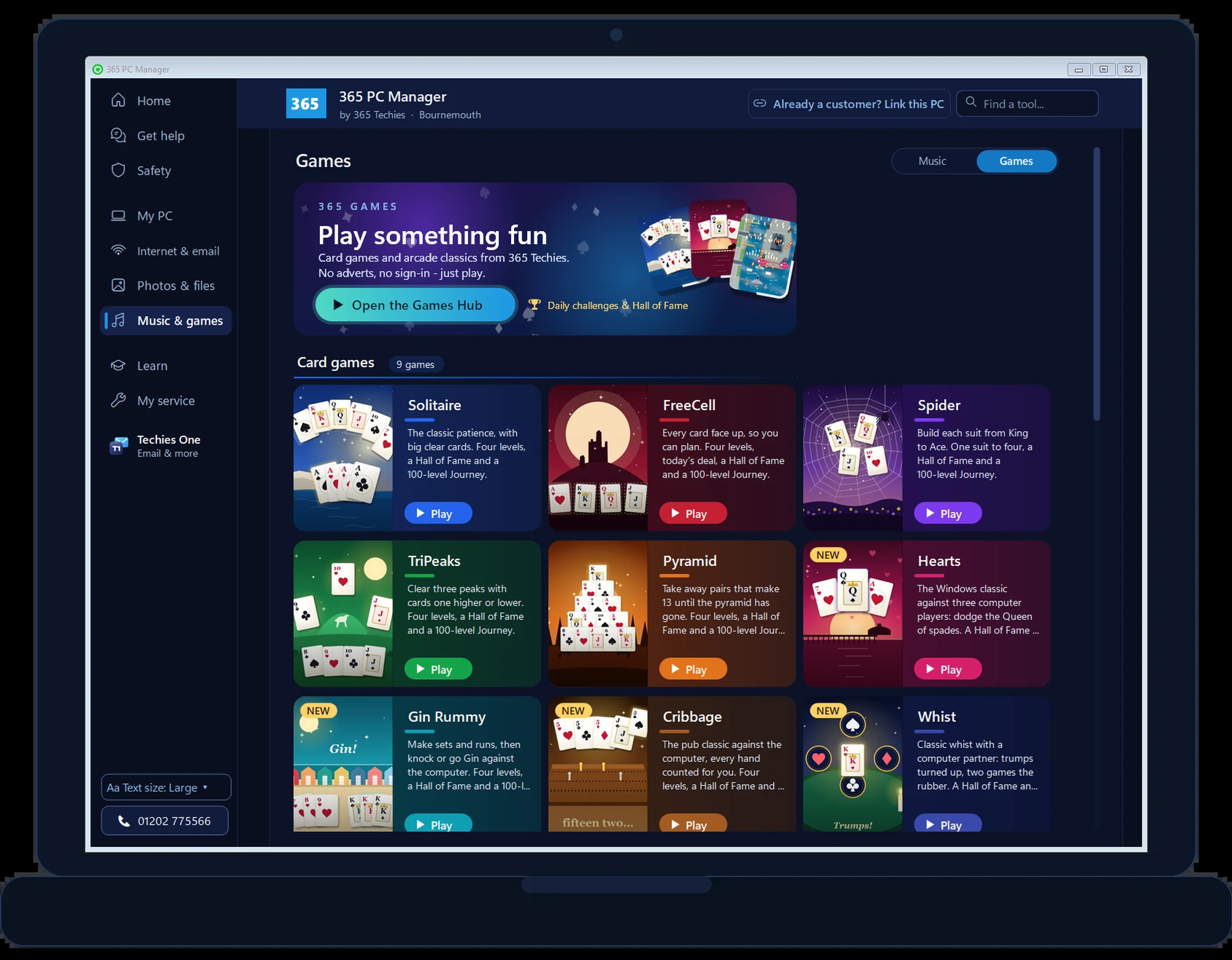 365 PC Manager Games - Solitaire, FreeCell, Spider, TriPeaks, Pyramid, Hearts, Gin Rummy, Cribbage and Whist, each with a 100-level Journey, no adverts and no sign-in