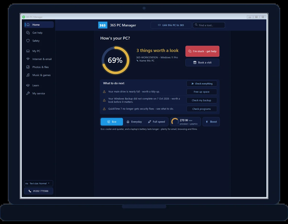 365 PC Manager on a laptop: the new menu, the health score and what to do next