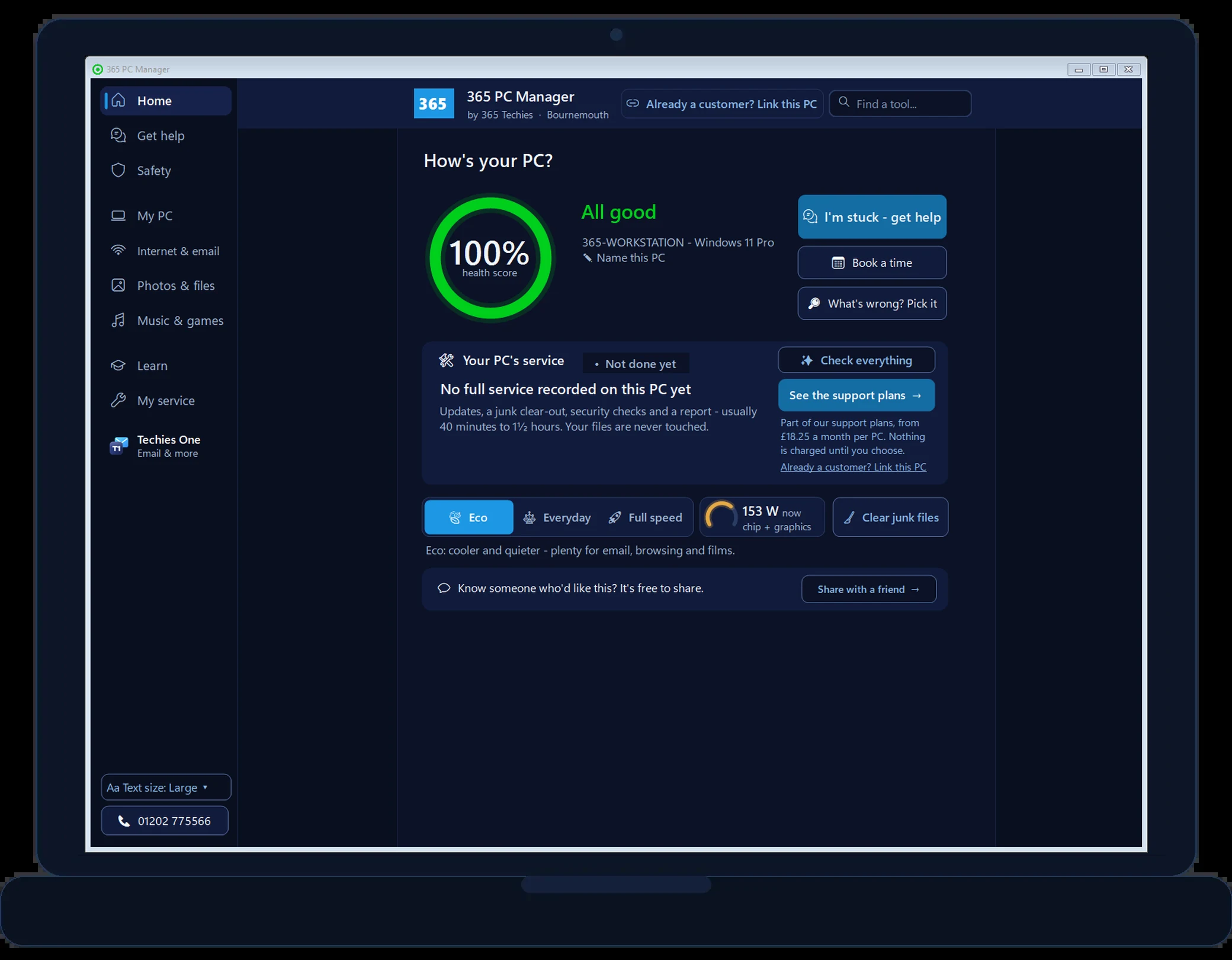 365 PC Manager version 36.5 Home on our office PC - the health score at 100% and all good, your PC&rsquo;s service with Check everything and the support plans, Eco, Everyday or Full speed, and Share with a friend