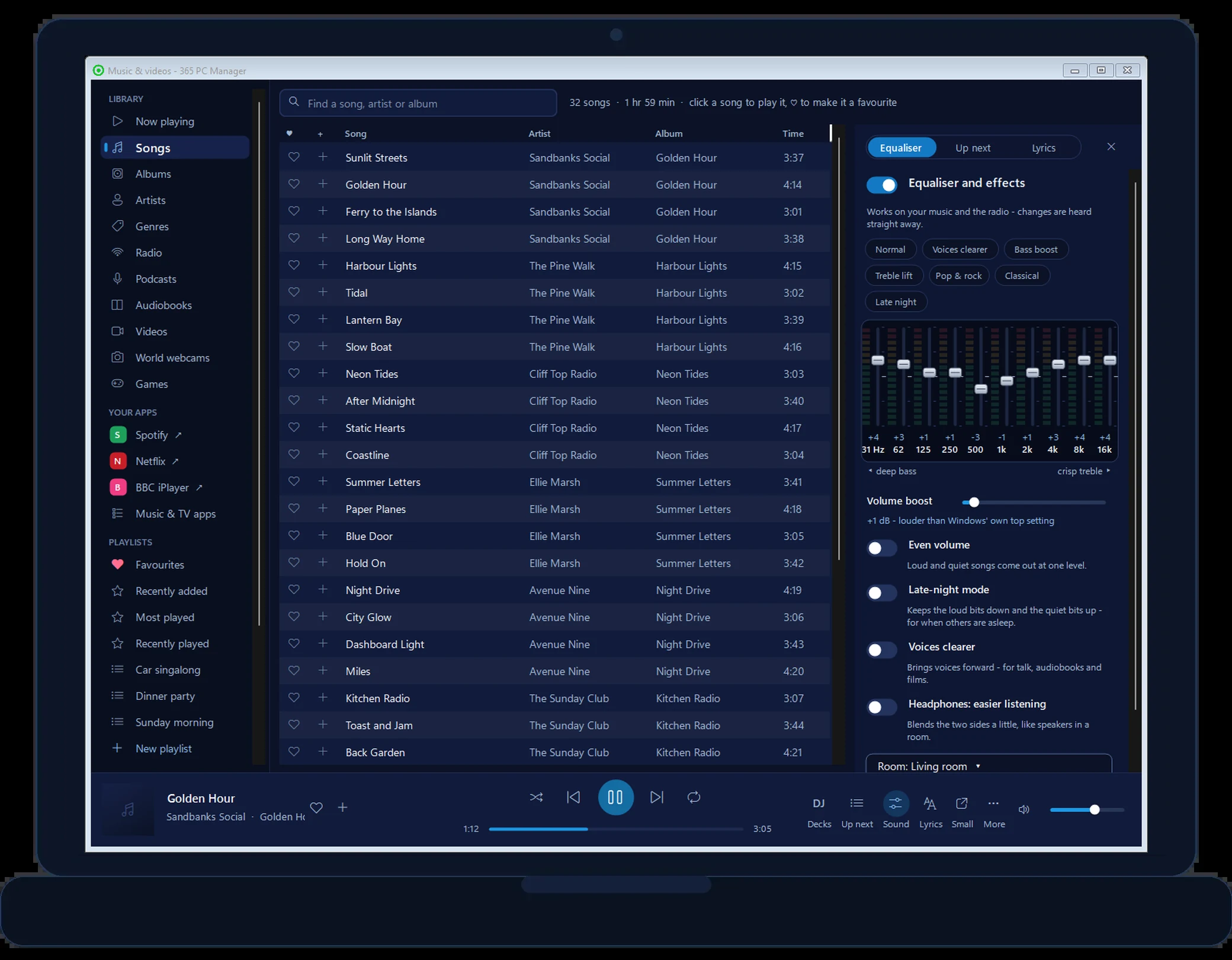 365 PC Manager Music and videos window - songs, albums, radio, podcasts, audiobooks, videos, world webcams and playlists, with the equaliser open (a made-up sample library)