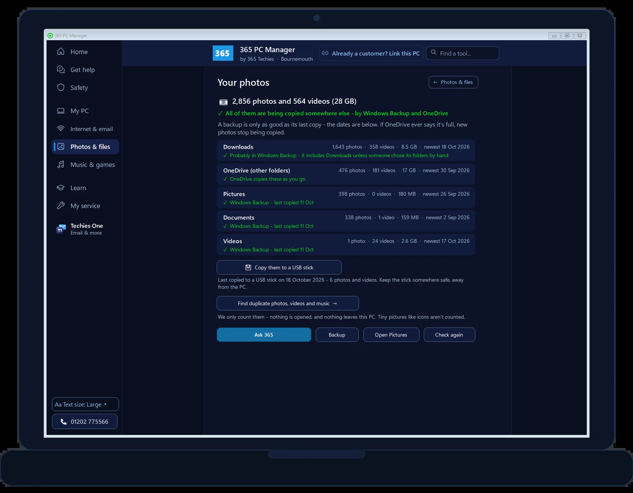 365 PC Manager Your photos - 2,856 photos and 564 videos on our office PC, all being copied somewhere else by Windows Backup and OneDrive, folder by folder, and Copy them to a USB stick
