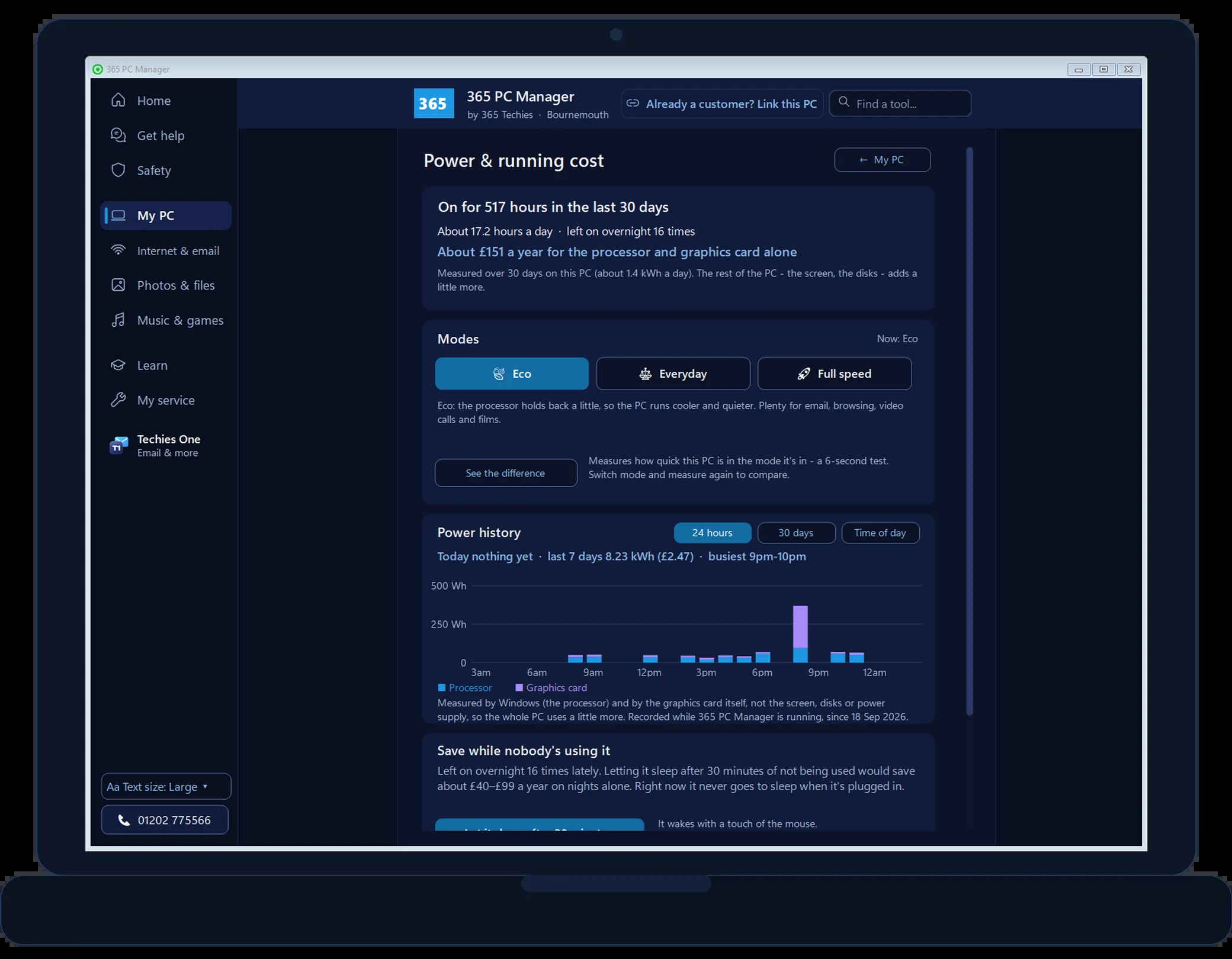 365 PC Manager Power and running cost (sample figures) - on for 517 hours in the last 30 days, about &pound;151 a year for the processor and graphics card, the Eco, Everyday and Full speed modes and an hour-by-hour power history