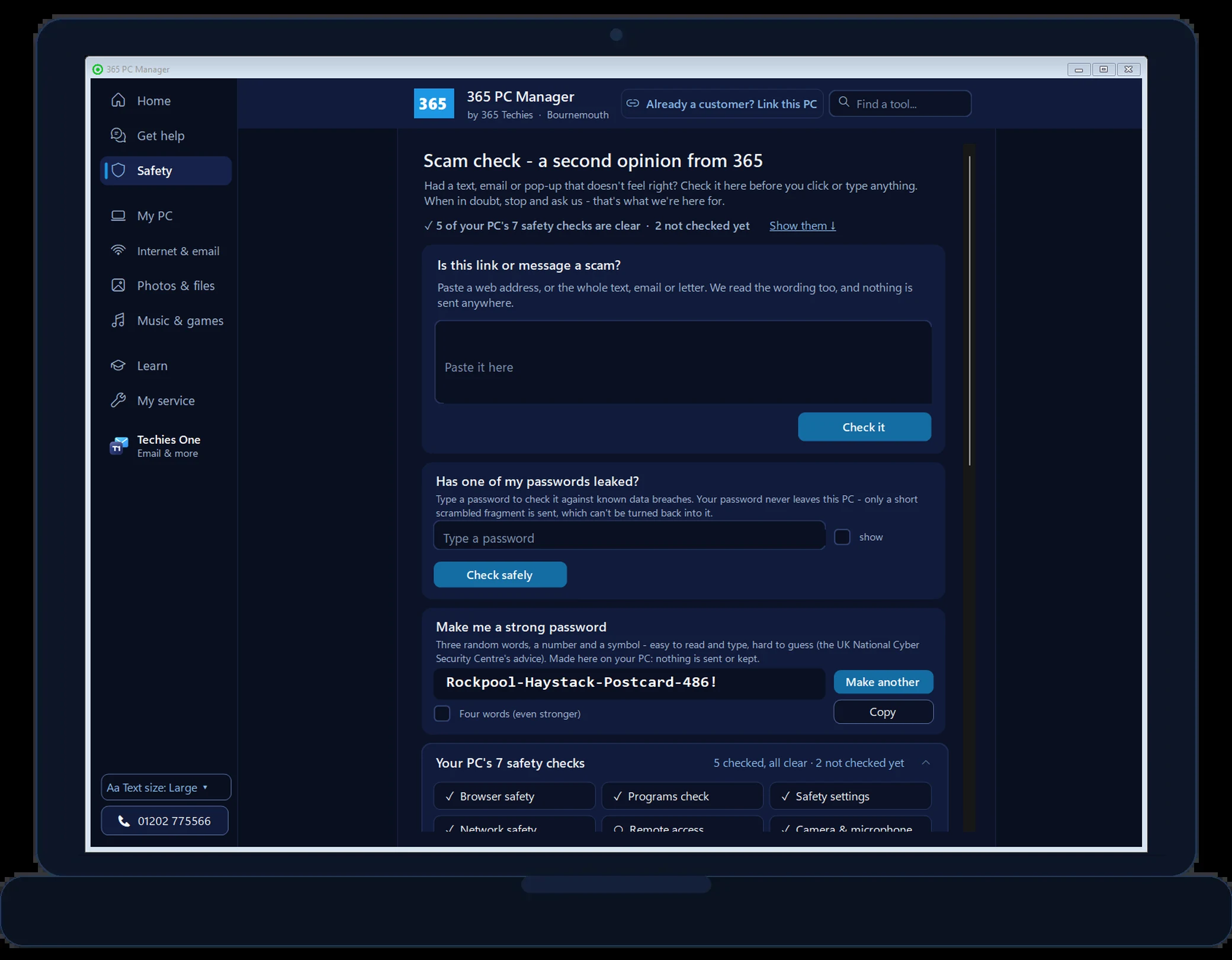 365 PC Manager Safety - Scam check: is this link or message a scam, has one of my passwords leaked, make me a strong password, and your PC&rsquo;s seven safety checks