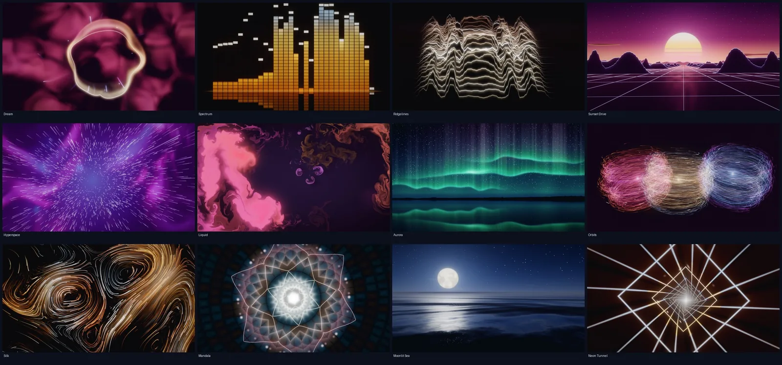 The twelve light show scenes in 365 PC Manager: Dream, Spectrum, Ridgelines, Sunset Drive, Hyperspace, Liquid, Aurora, Orbits, Silk, Mandala, Moonlit Sea and Neon Tunnel