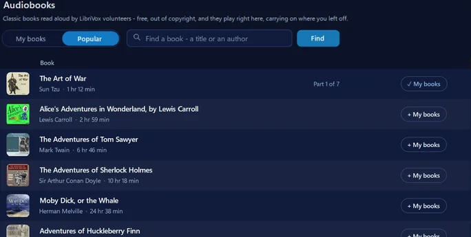 Audiobooks in 365 PC Manager: the most listened-to LibriVox books - The Art of War, Alice&rsquo;s Adventures in Wonderland, The Adventures of Tom Sawyer, Sherlock Holmes and Moby Dick - with their covers, how long each is and a My books button