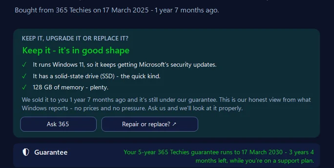 This PC in 365 PC Manager version 36.5 on a sample PC bought from 365 Techies: bought on 17 March 2025, 1 year 7 months ago, a Keep it card saying it is still under our guarantee, and a green Guarantee row - the 5-year guarantee runs to 17 March 2030 while on a support plan