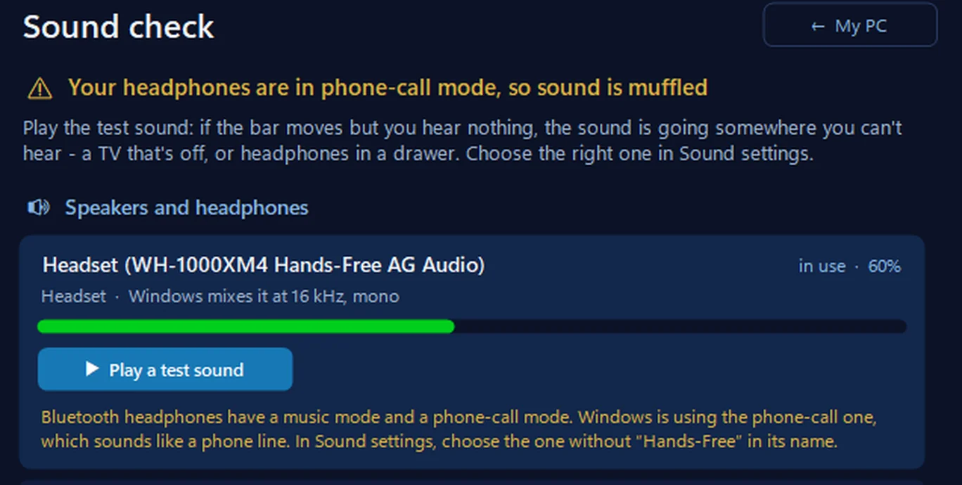 Sound check in 365 PC Manager saying the headphones are in phone-call mode, so sound is muffled, with a Play a test sound button (a sample PC)