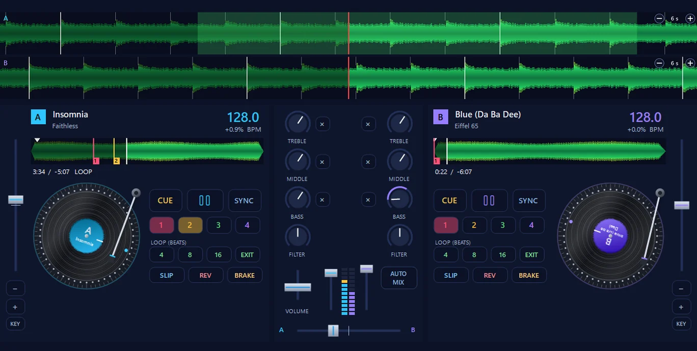 The DJ decks in 365 PC Manager: two decks with their waveforms and turntables at 128 BPM, cue, sync and loop buttons, and the mixer between them (a sample library)