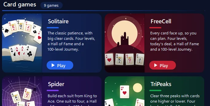 Games in 365 PC Manager version 36.3: our own card games - Solitaire, FreeCell, Spider and TriPeaks - each with its picture and a Play button