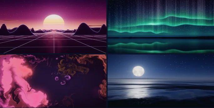 Four scenes from the music light show in 365 PC Manager version 36.4: Sunset Drive, Aurora, Liquid and Moonlit Sea