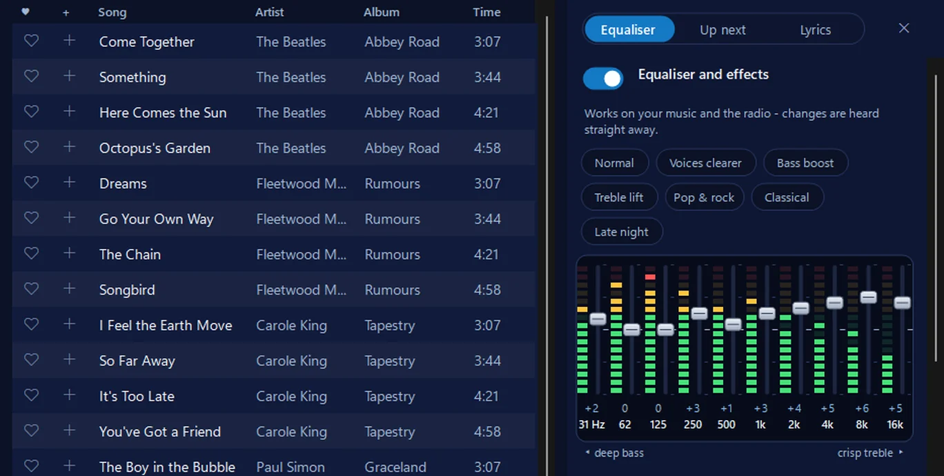 The Music and videos window in 365 PC Manager: a list of songs (a sample library) beside the equaliser, which works on your music and the radio, with presets such as Voices clearer and Bass boost
