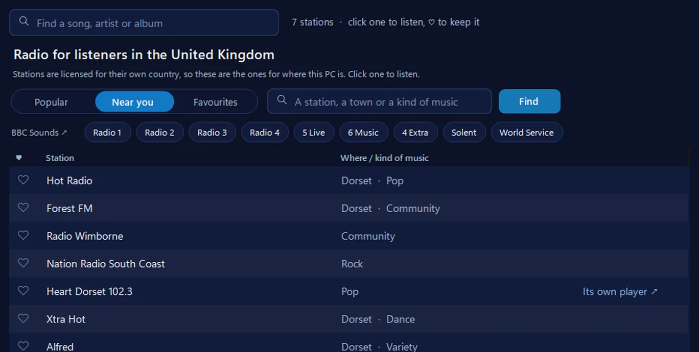 Radio in 365 PC Manager: radio for listeners in the United Kingdom, the Near you list of Dorset stations - Hot Radio, Forest FM, Radio Wimborne, Nation Radio South Coast, Heart Dorset - and BBC stations