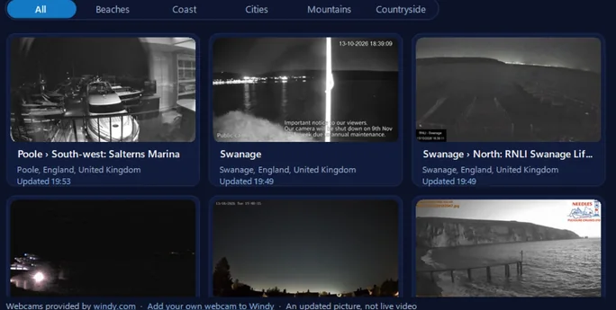 World webcams in 365 PC Manager: cameras near Bournemouth - Salterns Marina in Poole, Swanage Bay, the Swanage lifeboat station and the Needles - each with the time it last sent a picture. Webcams provided by windy.com