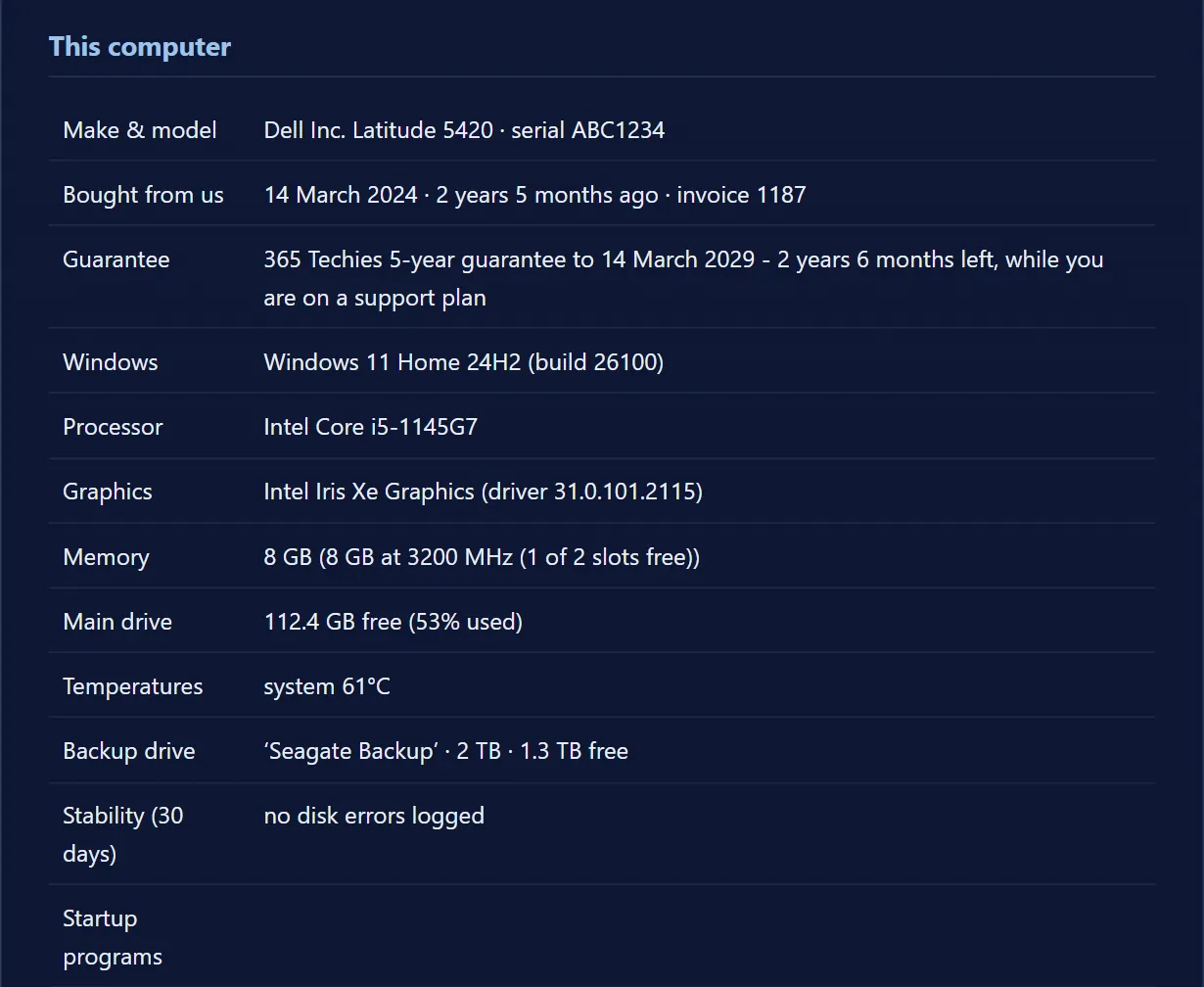 The This computer section of a 365 Service Report: make and model, guarantee, Windows 11 Home 24H2, Intel Core i5-1145G7, Iris Xe graphics, 8 GB at 3200 MHz
