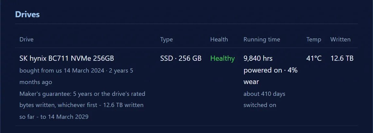 The full report's Drives table: model, type, health, hours powered on, wear, temperature and data written, with the maker's guarantee