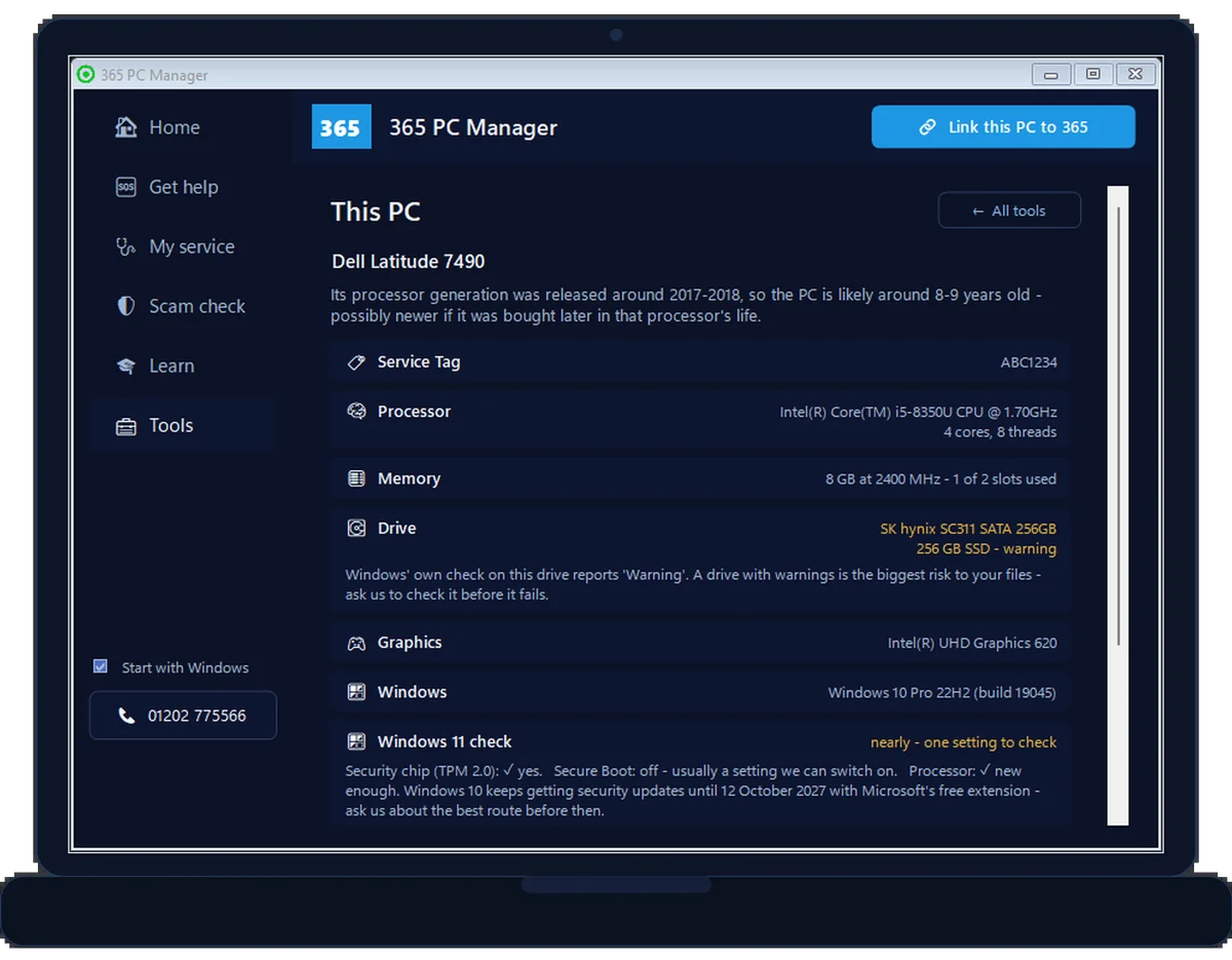 365 PC Manager&rsquo;s This PC page on an example Dell Latitude 7490: its processor, 8 GB in 1 of 2 memory slots, a drive warning, the graphics, Windows 10 and a Windows 11 check