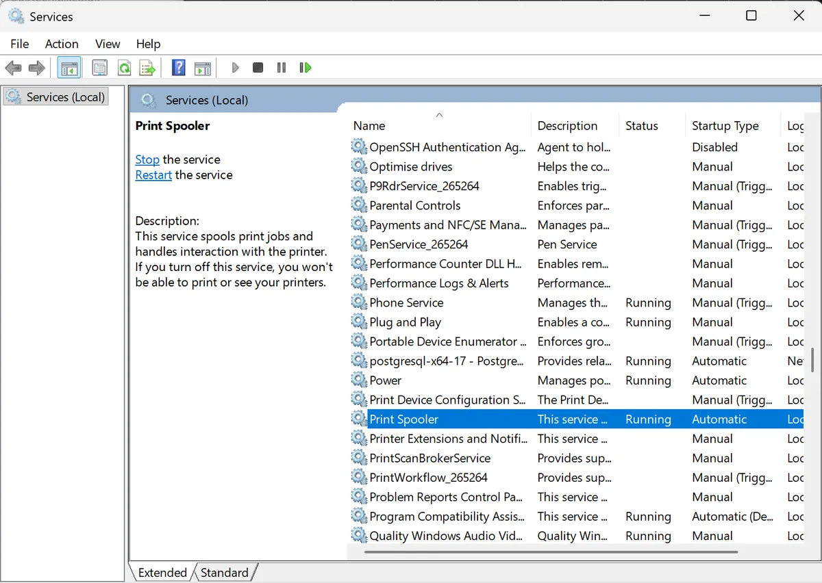 Windows 11 Services window with Print Spooler selected: Stop the service and Restart the service links on the left, status Running, startup type Automatic